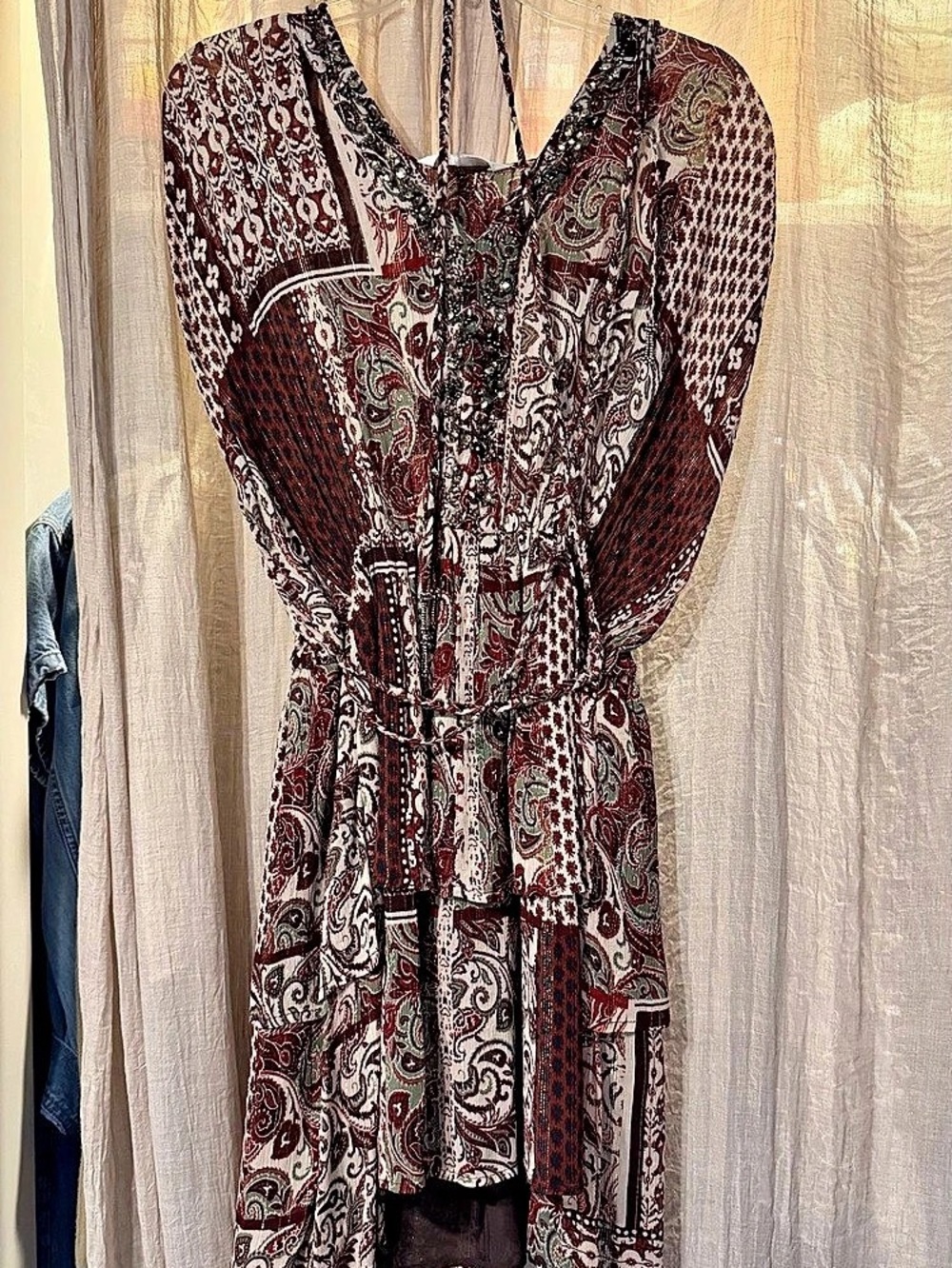 NWT Zara Beaded Printed Metallic Thread Dress Paisley Mini Dress in Brown & Red